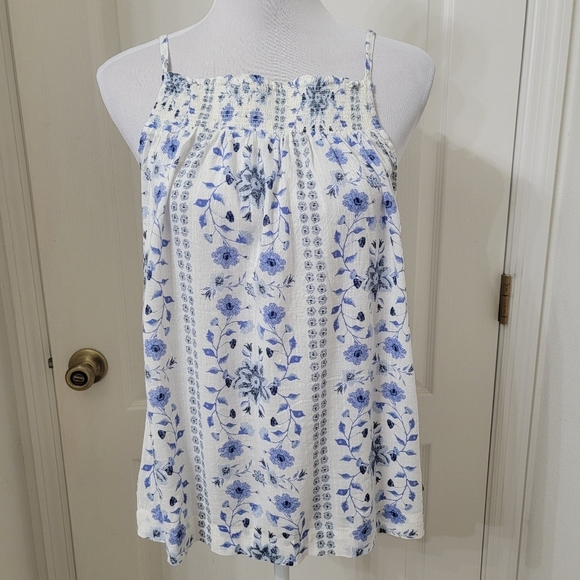 Old Navy Size S White with Blue Floral Stripe Pattern Halter Tank Top, NEW - Picture 1 of 12